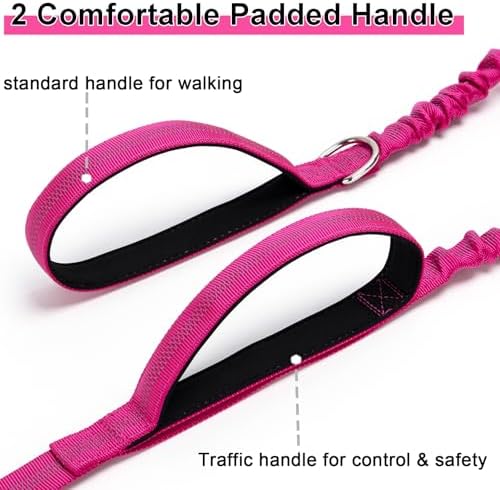 5FT Bungee Dog Leash with 2 Handles, Reflective Strong Nylon Traffic Leash, Shock Absorbing Lead for Large Medium Dogs Walking Training Controlling, Rose red - Image 3