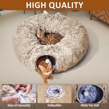 Cat Tunnel with Cat Bed for Indoor Cats, Soft Plush Peekaboo Cat Cave Donut Tunnel, Multifunctional Playground Toys Hideplace for Small Medium Large Kittens, Rabbit, Ferret, Brown - Image 6