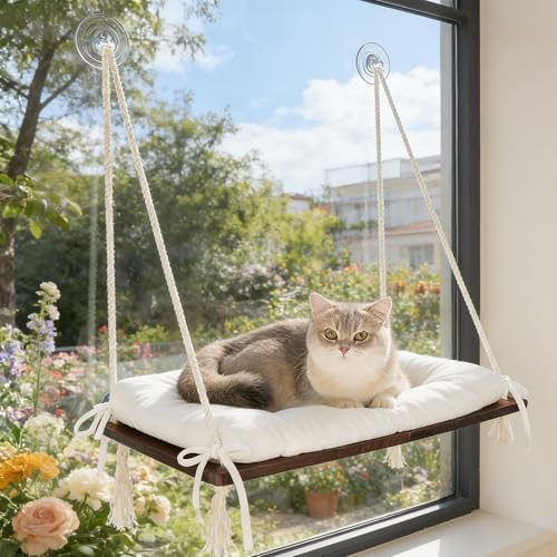 CHEERPALS Cat Window Perch for Indoor Cats, Wooden Cat Bed for Window with Washable Cushion, Hanging Kitty Hammock Suitable for Small-to-Large Cats by CHEERPALS