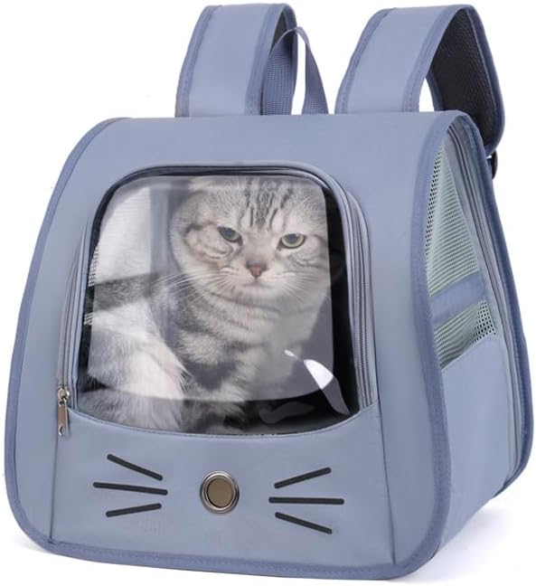 Pet Backpack Carrier, Traveler Breathable Transparent Carrier for Cats or Dogs, Large Space and Foldable Pet Carrier for Travel, Hiking, Shopping, and Vet, Cute, Suitable for Kids (Blue) by Unknown