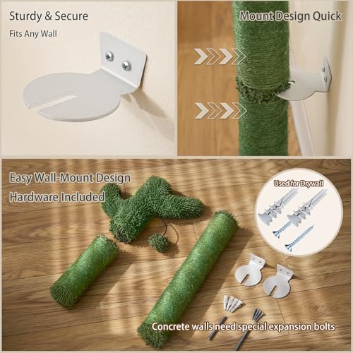 Wall Mounted Cat Scratcher, 35” Extra-Tall Vertical Sisal Scratching Post for Large Cats, Space-Saving Wall Cat Scratcher with Hanging Ball Toy, Cactus Design, Green - Image 3