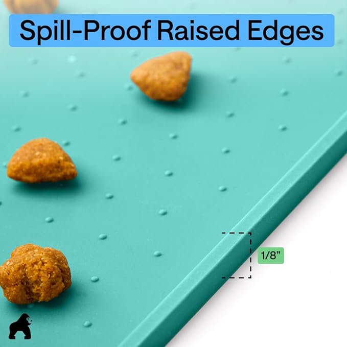 GORILLA GRIP 100% Waterproof Raised Edge BPA Free Silicone Pet Feeding Mat, Dog Cat Food Mats Contain Spills Protects Floors, Placemats for Cats and Dogs Water Bowl, Pets Accessories 23x15 Turquoise