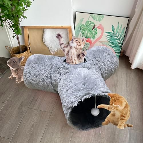 3-Way Collapsible Cat Tunnel Tube Toy Grey Plush - Image 6
