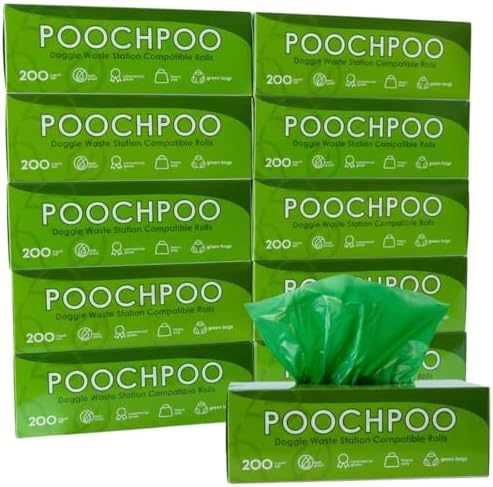 Case of 2000 Green Pet Waste Station 200 Bags on Roll (10 Rolls) - Bulk Dog Poop Bag - Dog Waste Station Bags - Doggie Bag Litter Pot by POOCHPOO