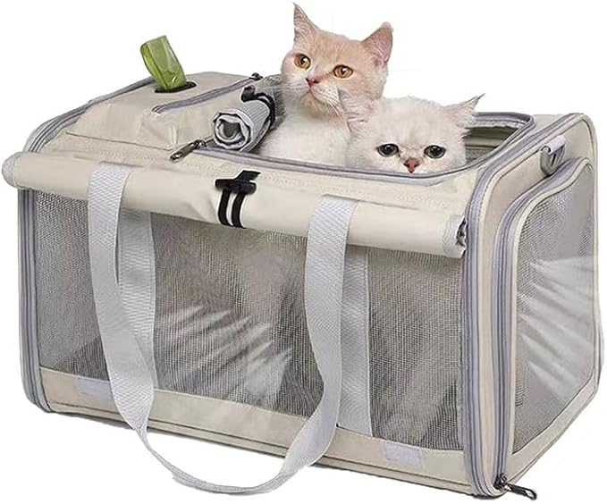 Pet Carrier Bag for Cats & Small Dogs, Airline Approved Travel Cat Carrier with Mesh Windows, Shoulder Strap & Removable Mat, Foldable Design for Home & Outdoor Trips (Grey)