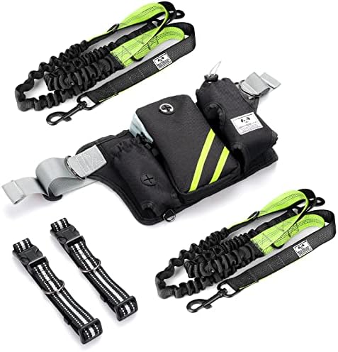 SHINE HAI Retractable Hands Free Dog Leash with Dual Bungees for 2 Dogs, Adjustable Waist Belt, Reflective Stitching Leash for Running Walking Hiking Jogging Biking Black - Green1 - Image 7
