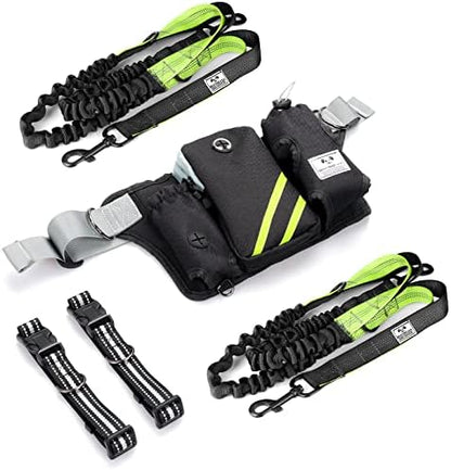 SHINE HAI Retractable Hands Free Dog Leash with Dual Bungees for 2 Dogs, Adjustable Waist Belt, Reflective Stitching Leash for Running Walking Hiking Jogging Biking Black - Green1 - Image 7
