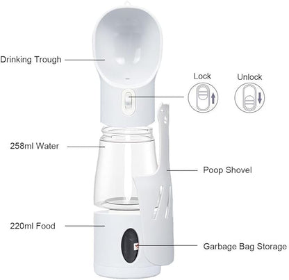 4-in-1 Dog Water Bottle for Walking & Travel – Leakproof Portable Pet Water Dispenser with Bowl, Poop Bag Holder & Shovel | Reusable, Easy One-Hand Use for Dogs & Cats, Hiking and Outdoor Adventures
