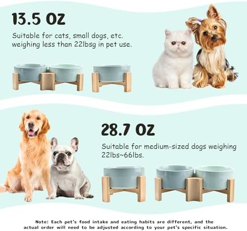 SPUNKYJUNKY 15° Slanted Ceramic Dog and Cat Bowl with Wooden Stand, Tilted Bulldog Food and Water Bowl No Slip Non-Spill for Cats Medium Dogs Big Face Pets 13.5 OZ (1.7 Cups, Morandi Green × 2) - Image 5