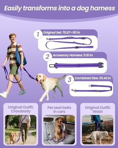 Hands Free Dog Leash with Car Seatbelt Set, 5.9-9.2ft, Purple - Image 3