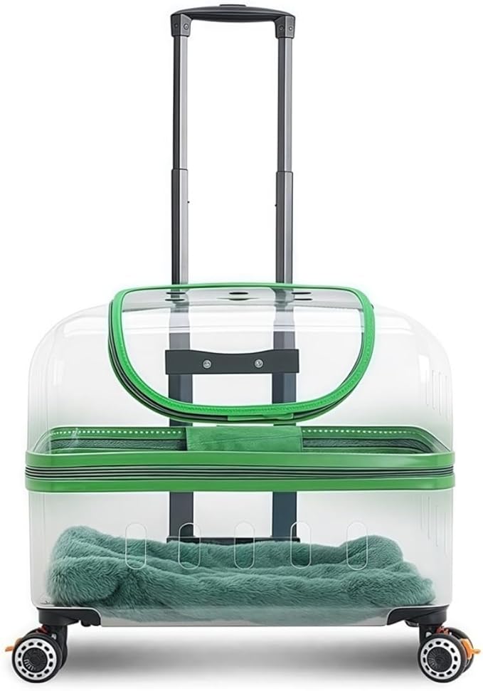 Pet Carrier with Wheels, Travel Pet Case with Transparent Window, Dog & Cat Carrier for Pets Weighing Up to 22 Pounds (Green)