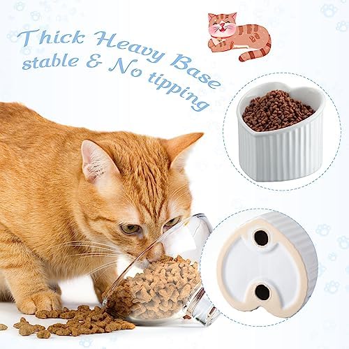 Mumufy 2 Pcs Ceramic Elevated Cat Bowls Tilted Elevated Raised Pet Bowls Anti Vomit Cat Dish for Indoor Stress Free Water Dish Feeder for Puppies, Heart Shaped(Pearly White) - Image 5