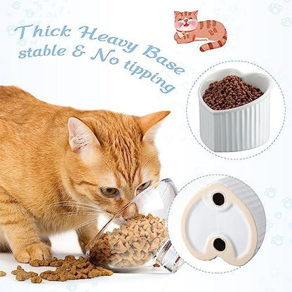 Mumufy 2 Pcs Ceramic Elevated Cat Bowls Tilted Elevated Raised Pet Bowls Anti Vomit Cat Dish for Indoor Stress Free Water Dish Feeder for Puppies, Heart Shaped(Pearly White) - Image 5