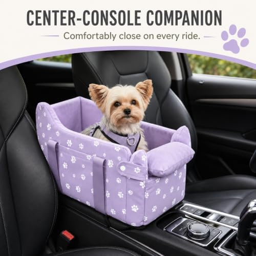 Center Console Dog Car Seat Safe Travel for Small Dogs Under 15 lbs Detachable Washable Pet Carrier with Storage Pockets & Safety Leash (Purple) - Image 2
