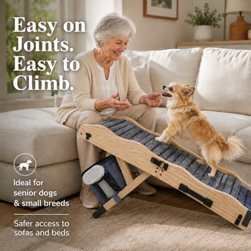 2026 Upgraded Small Dog Ramp for Couch Foldable, 5 Ajustable Height | Height from 9.8" to 20.5", Portable Stable Pet Steps with Non-Slip Pad, Pet Ramps Use for Sofa Couch Stairs, Wood - Image 5