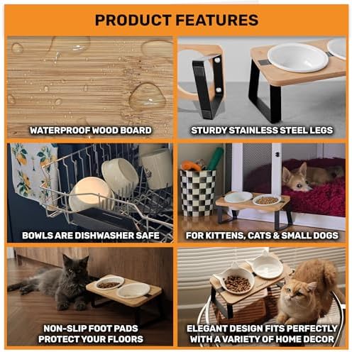 Elevated Cat Bowl Stand for Food and Water – Anti-Vomit Raised Feeding Station with Tilted Stand – Removable Round Ceramic Bowls, Anti Slip Bamboo Base, Dishes for Cats, Kitten, Small Dogs & Puppies - Image 3