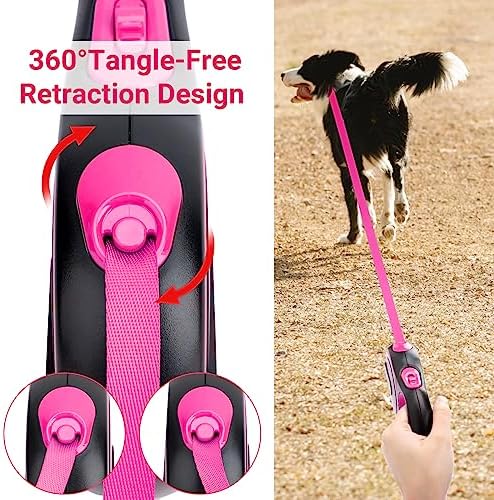 Segarty Pink Retractable Dog Leash, 16ft Heavy Duty Walking Dog Leash for Medium Small Dogs up to 44lb, Anti-Slip Handle 360°Tangle-Free Nylon Tape, One-Handed One Button Lock and Release - Image 4