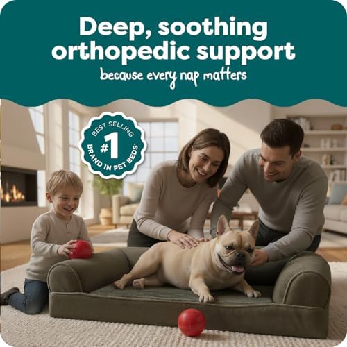 FurHaven Classic Soft Sofa Orthopedic Dog Bed for Medium Dogs, with Egg Crate with a Solid Orthopedic Foam Base for Joint Support, Removable Washable Cover, Medium, Faux Fur & Velvet, Dark Sage - Image 2
