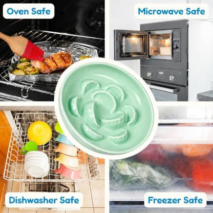 Ceramic Cat Slow Feeder Bowl - 6.2'' Whisker Friendly Cat Plate for Dry and Wet Food - Heavy Puzzle Feeding Bowl for Slow Eating - Helps Reduce Vomiting - Microwave & Dishwasher Safe -Non Slip - Green - Image 6