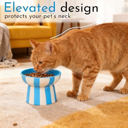Raised Cat Bowl - Blue Striped Elevated Ceramic Food and Water Dish, Wide Shallow Design for Whisker Fatigue Relief, Dishwasher Safe - Image 3