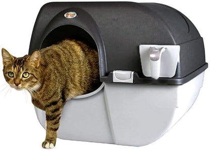 Omega Paw Self Cleaning Cat Litter Box, Elite Roll 'N Clean Litter Box, Regular Size for Kittens and Cats 10 lbs and Under, Black Color (EL-RA15-1) with Integrated Litter Step and Chrome Accents