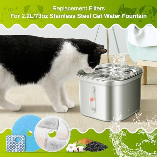10 Set Cat Water Fountain Filter Replacement for Square 2.2L/73oz Stainless Steel Cat Fountain, ZEKIRY Pet Fountain Filter, Triple Filtration Replacement Filters(10 Filter, 10 Sponge, 10 8D Sponge) - Image 2