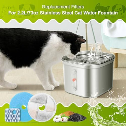10 Set Cat Water Fountain Filter Replacement for Square 2.2L/73oz Stainless Steel Cat Fountain, ZEKIRY Pet Fountain Filter, Triple Filtration Replacement Filters(10 Filter, 10 Sponge, 10 8D Sponge) - Image 2