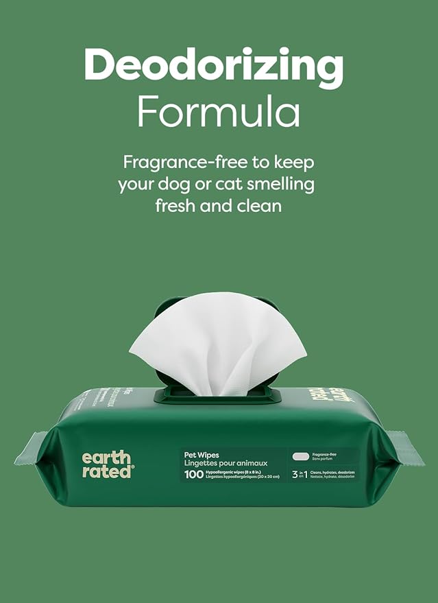 Earth Rated Pet Wipes for Dogs and Cats, Hypoallergenic, 3-in-1 Cleaning, Deodorizing and Hydrating, for Grooming Paws, Body and Butt, Unscented, 100 Count