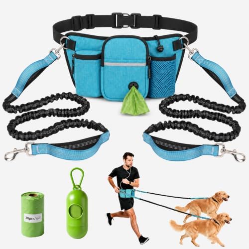 Double Dog Leash for 2 Dogs, Waist Leash for Dog Walking, Hands Free with Waist Bag, Adjustable Reflective Walking Belt with Multi Pocket Fanny Pack, Daily Jogging Hiking Walking Biking by Unknown