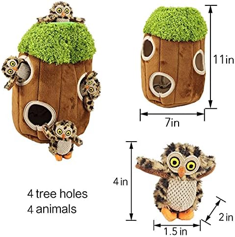 Glow Pups Hide and Seek Dog Toy Squeaky Plush Owl in Tree, Interactive Burrow, Promotes Mental Stimulation, Easy to Clean, Whimsical Green Design (Set of 4, Medium)