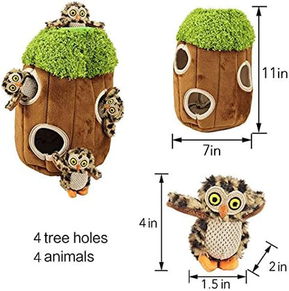 Glow Pups Hide and Seek Dog Toy Squeaky Plush Owl in Tree, Interactive Burrow, Promotes Mental Stimulation, Easy to Clean, Whimsical Green Design (Set of 4, Medium)