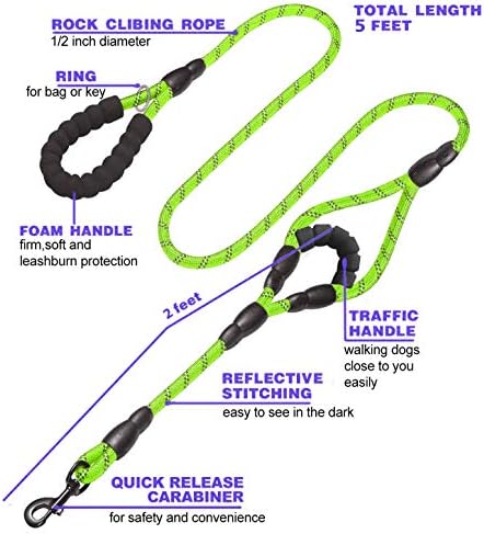JSXD Heavy Duty Double Handle Dog Leash - 5 FT with Comfortable Padded and Reflective Rope for Small, Medium, Large Dogs (Rope-Green) - Image 2