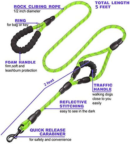 JSXD Heavy Duty Double Handle Dog Leash - 5 FT with Comfortable Padded and Reflective Rope for Small, Medium, Large Dogs (Rope-Green) - Image 2