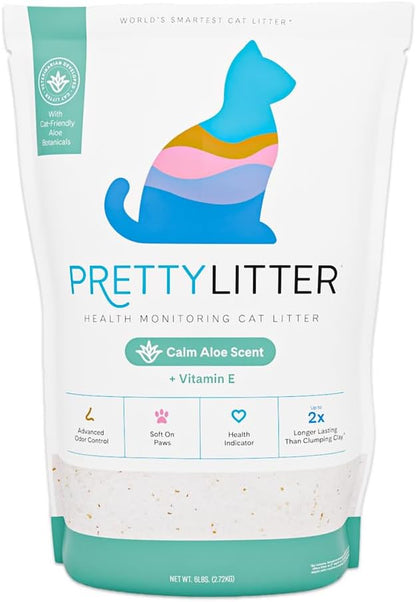 PrettyLitter Health Monitoring Cat Litter (Calm Aloe, Non Clumping) | Lightweight & Low Tracking, Color Changing Silica Gel Crystals, Advanced Odor Control — 6 Lbs, Pack of 1 (Up to 1 Month Supply)