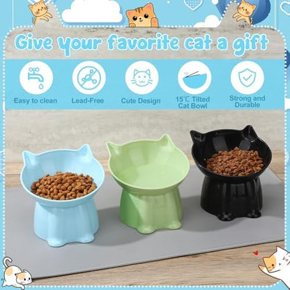 3 Pcs Elevated Cat Bowls 15°Raised Cat Food Bowl with Silicone Mat Green - Image 3