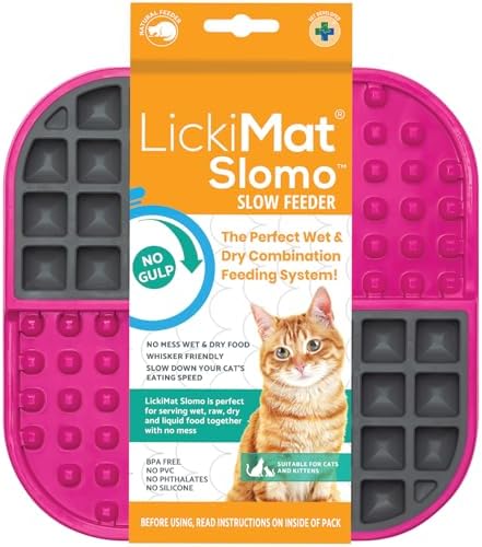 LickiMat Slomo, Cat Slow Feeder Lick Mat, Boredom Anxiety Reducer; Perfect for Food, Treats, Yogurt, or Peanut Butter. Fun Alternative to a Slow Feed Cat Bowl or Dish, Pink by LICKIMAT
