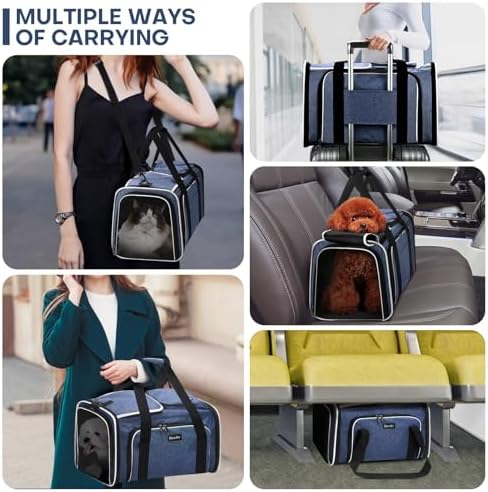 Pet Carrier, Large Soft Sided Expandable Travel Carrier with Steel Frame, Anti-Scratch Mesh, Removable Fleece Pad and Pockets for Cats, Dogs and Small Animals up to 15 lbs (Blue, 4 Sides Expandable) - Image 2