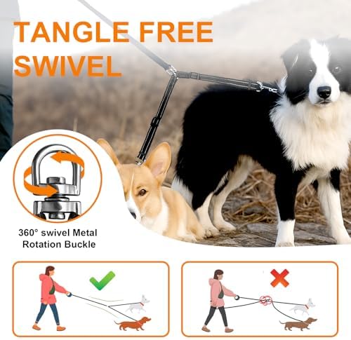 MingXpet Double Dog Leash for Two Dogs, No Pull Dog Leash, 360° Swivel No Tangle for Small Dogs Walking & Training, Shock Absorbing Reflective Bungee, Black - Image 4