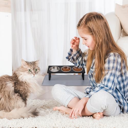 Summark Upgraded Elevated Cat Bowls with Food Mat,15°Tilted Stand Anti Vomiting Raised Cat Dishes for Food and Water,3 Stainless Steel Bowls for Cats and Puppy（Black） - Image 7