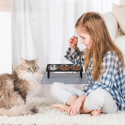 Summark Upgraded Elevated Cat Bowls with Food Mat,15°Tilted Stand Anti Vomiting Raised Cat Dishes for Food and Water,3 Stainless Steel Bowls for Cats and Puppy（Black） - Image 7