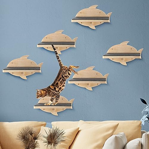 Lenwen 6 Set Cat Wall Shelves, Wood Cat Climbing Step, Wall Mounted,Fish by Lenwen