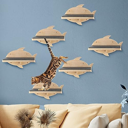 Lenwen 6 Set Cat Wall Shelves, Wood Cat Climbing Step, Wall Mounted,Fish by Lenwen