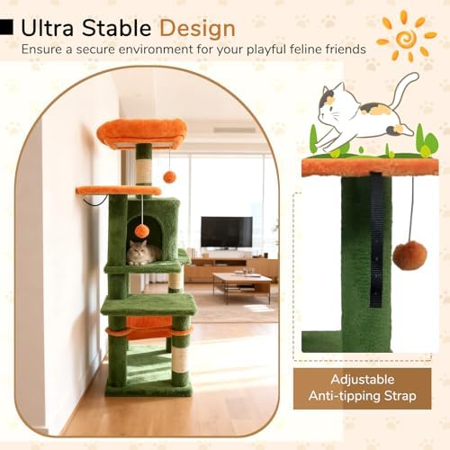 DORTALA Cat Tree for Indoor Cats, 44" Modern Cat Tower with Top Perch, Condo, Hammock, Sisal Scratching Posts, Dangling Balls, Platforms, Multi-level Pet Climbing Furniture Playground (Green & Orange) - Image 7