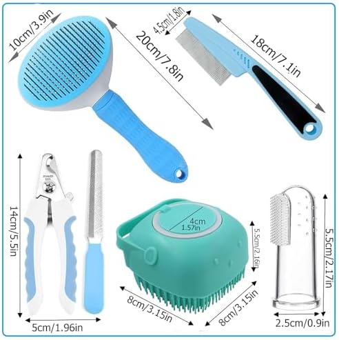 7pcs Pet Grooming Kit, Self-Cleaning Brush Shedding Kit with Nail Clipper, Flea Comb, Shampoo Bath Brush, Finger Toothbrush, Storage Bag (Blue) - Image 7