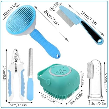 7pcs Pet Grooming Kit, Self-Cleaning Brush Shedding Kit with Nail Clipper, Flea Comb, Shampoo Bath Brush, Finger Toothbrush, Storage Bag (Blue) - Image 7