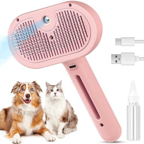 Steam Brush for Shedding Pets - Self-Cleaning Grooming Comb with Water Tank for Long & Short Haired Cats and Dogs (Pink) by FourSeas