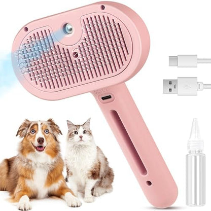 Steam Brush for Shedding Pets - Self-Cleaning Grooming Comb with Water Tank for Long & Short Haired Cats and Dogs (Pink) by FourSeas