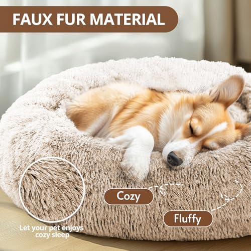 JOLLYVOGUE Calming Dog Bed Medium Size Dog, Anti-Anxiety Donut Medium Pet Bed, 27 inches Fluffy Faux Fur Round Cat Bed (Cream Brown) - Image 2