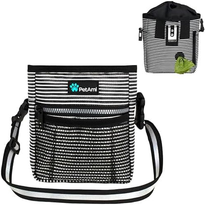 PetAmi Dog Treat Pouch, Pet Treat Pouch for Training, Dog Walking Bag Holder for Kibbles, Pet Food Toy, Dog Trainer Essentials Supplies, Poop Bag Dispenser, 3 Ways to Wear (Black Stripes) by PetAmi