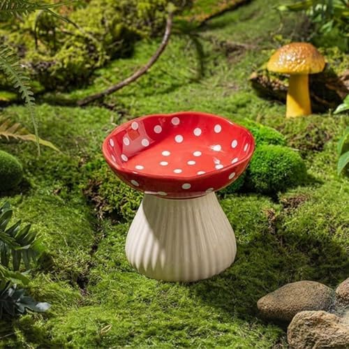 Raised Cat Bowl, Cute Mushroom Pet Feeder, Elevated Small Dog Food Bowl, Ceramic Raised Pet Bowls for Food and Water, Wide Shallow Cat Dish, Whisker Fatigue (Red) by Whimsicalfox